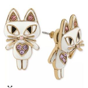 Betsey Johnson Gold-Tone White Enamel Pink Rhinestones Mixed Metal Cat Earrings